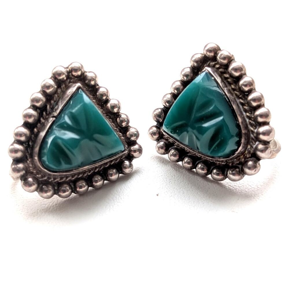 Vintage Mayan Mexico 925 Sterling Silver Curved Green Onyx Mask Earrings